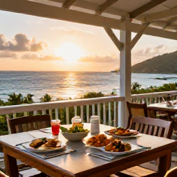 Caribbean Holidays, June Wellness Escape, A relaxed open-air restaurant in the British Virgin Islands at sunset, serving fresh Caribbean food with a view of the sea
