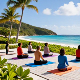 Caribbean Holidays, June Wellness Escape, Visitors enjoying a calm yoga session on a beachfront deck in the British Virgin Islands, with tropical greenery and blue sea in the background