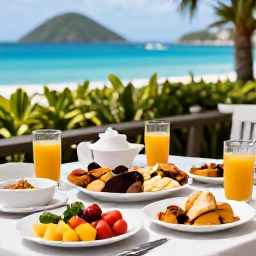 Caribbean Holidays, June Wellness, Fresh Caribbean breakfast with tropical fruit, local food and juice at a relaxed open-air table on Saint Vincent