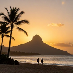 Caribbean Holidays, June Wellness, Golden sunset over Nevis Peak viewed from a peaceful beach, silhouettes of palm trees and a couple walking beside the sea