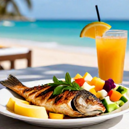 Caribbean Holidays, June Wellness, Healthy Caribbean lunch with fresh grilled fish, colourful salad, tropical fruit and natural juice at a relaxed seaside restaurant in Sint Maarten