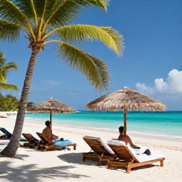 Caribbean Holidays, June Wellness Holidays, Couple relaxing on a quiet Caribbean beach in June after a wellness treatment, tropical palms, turquoise sea and comfortable shaded loungers