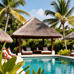 Caribbean Holidays, June Wellness Holidays, Elegant Caribbean wellness resort surrounded by tropical gardens, with an outdoor spa pavilion and guests relaxing near a quiet pool