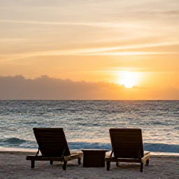 Caribbean Holidays, June Wellness Holidays, Peaceful Caribbean sunset over a quiet beach, two comfortable loungers, calm waves and warm evening colours