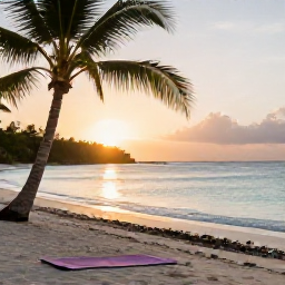 Caribbean Holidays, June Wellness Holidays, Quiet Caribbean beach at sunrise in June, calm turquoise water, soft golden light, palm trees and a comfortable yoga mat on the sand