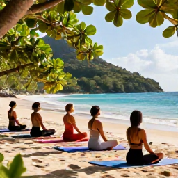 Caribbean Holidays, June Wellness, Outdoor yoga session beside a Caribbean beach in Saint Vincent and the Grenadines, tropical greenery and gentle sunlight