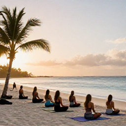 Caribbean Holidays, June Wellness, Outdoor yoga session on a peaceful Caribbean beach in Sint Maarten, small group on mats, palms, calm sea and soft sunrise light