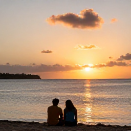 Caribbean Holidays, June Wellness, Peaceful Cura&ccedil;ao beach at sunset with a couple sitting quietly near the water, warm sky and tranquil Caribbean scenery