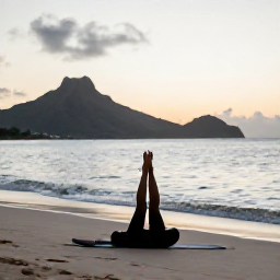 Caribbean Holidays, June Wellness, Person practising gentle yoga on a quiet Caribbean beach in Saint Kitts at sunrise, volcanic hills in the background