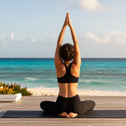 Caribbean Holidays, June Wellness, Person practising gentle yoga on a wooden deck overlooking the Caribbean Sea in Cura&ccedil;ao during a sunny morning