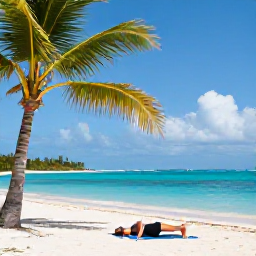 Caribbean Holidays, June Wellness, Person practising yoga on a quiet beach in Providenciales, Turks and Caicos, with palms and turquoise water
