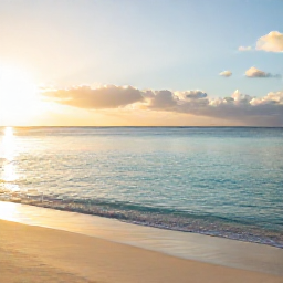 Caribbean Holidays, June Wellness, Quiet tropical beach in Cura&ccedil;ao at sunrise, calm turquoise water, soft golden light and a peaceful wellness holiday atmosphere
