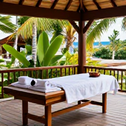 Caribbean Holidays, June Wellness, Relaxing spa treatment in a bright Caribbean spa on Saint Kitts, natural wood, tropical plants and soft daylight