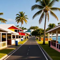 Caribbean Holidays, June Wine Holidays, Scenic Caribbean island road leading to a colourful waterfront town, with warm sunshine and tropical greenery in June