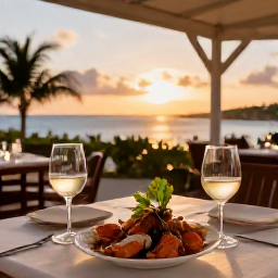 Caribbean Holidays, June Wine Holidays, Sunset Caribbean dining terrace with wine glasses, fresh seafood and a relaxed island atmosphere