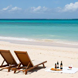 Caribbean Holidays, June Wine Tasting, A peaceful Cura&ccedil;ao beach in June with turquoise water, pale sand, sun loungers and a small picnic featuring wine and local snacks
