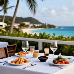Caribbean Holidays, June Wine Tasting, Elegant outdoor restaurant table with Caribbean seafood, wine glasses and tropical scenery on St Thomas