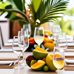 Caribbean Holidays, June Wine Tasting, Elegant wine tasting table with Caribbean fruit, chilled white wine and tropical greenery in Trinidad and Tobago