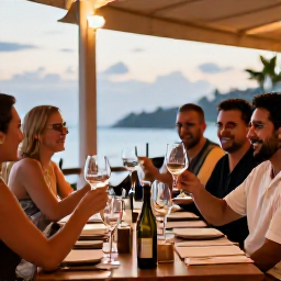 Caribbean Holidays, June Wine Tasting, Friendly travellers raising wine glasses at an elegant but relaxed Cura&ccedil;ao restaurant during a warm June evening