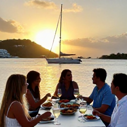 Caribbean Holidays, June Wine Tasting, Golden June evening at Gustavia harbour with diners enjoying wine and seafood as sailboats rest in the water