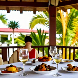 Caribbean Holidays, June Wine Tasting, Outdoor restaurant terrace in Trinidad with wine glasses, Caribbean dishes and lush green surroundings