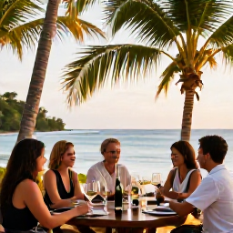 Caribbean Holidays, June Wine Tasting, Scenic June afternoon at a Tobago coastal restaurant with wine, sea views and palm trees