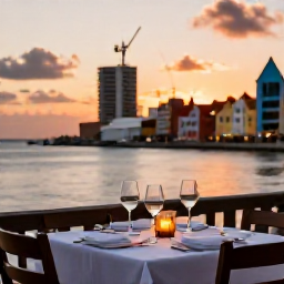 Caribbean Holidays, June Wine Tasting, Sunset over Willemstad harbour in Cura&ccedil;ao, with colourful waterfront buildings and a table set for an evening wine tasting