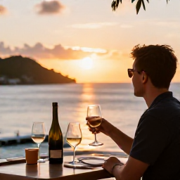 Caribbean Holidays, June Wine Tasting, Traveller enjoying a relaxed glass of wine at a sunset waterfront restaurant on St John, US Virgin Islands