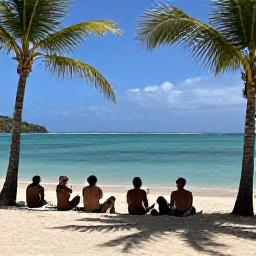 Caribbean Holidays, June Wine Tasting, Travellers relaxing beside a quiet Saint Barth&eacute;lemy beach after a wine tasting, with palm trees and clear blue water