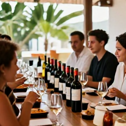 Caribbean Holidays, June Wine Tasting, Visitors enjoying a guided wine tasting with neatly arranged bottles, tasting notes and Caribbean-inspired appetisers in a stylish Cura&ccedil;ao venue