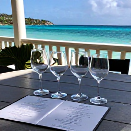 Caribbean Holidays, June Wine Tasting, Wine glasses and tasting notes on a shaded terrace overlooking turquoise Caribbean water in St Thomas