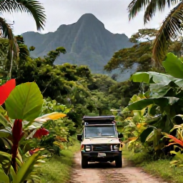 Caribbean Holidays, Jungle Safaris, Caribbean safari vehicle travelling along a rainforest track with mountains in the background and tropical plants on both sides