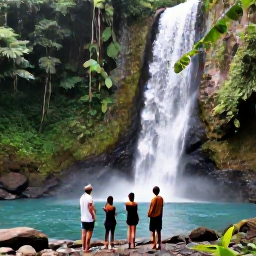 Caribbean Holidays, Jungle Safaris, Friendly local guide explaining tropical plants to visitors beside a Caribbean waterfall and natural pool