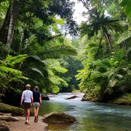 Caribbean Holidays, Jungle Safaris, Guided travellers walking through a lush Caribbean rainforest beside a clear river, tropical foliage and soft morning light