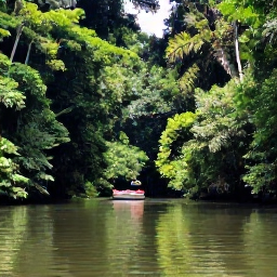 Caribbean Holidays, Jungle Safaris, Small boat moving through a calm tropical river surrounded by dense Caribbean jungle, with wildlife hidden among the trees