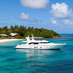 Caribbean Holidays, Luxury Adventure, A luxury yacht anchored in a turquoise Caribbean bay beside a green tropical island, bright daylight, realistic travel photography
