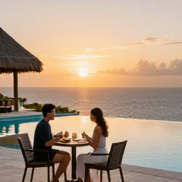 Caribbean Holidays, Luxury Adventure, Elegant Caribbean resort terrace at sunset with a couple dining beside an infinity pool overlooking the sea, realistic travel photography