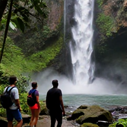 Caribbean Holidays, Luxury Adventure, Travellers hiking through a lush Caribbean rainforest towards a waterfall, with a local guide, natural light, realistic travel photography