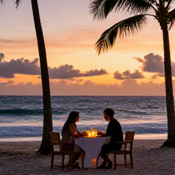 Caribbean Holidays, Luxury April Holidays, Couple enjoying a private beachfront dinner at sunset in the Dominican Republic, with candles, palm trees and gentle waves