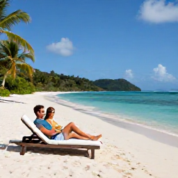 Caribbean Holidays, Luxury April Holidays, Couple relaxing on a quiet Caribbean beach in Saint Vincent and the Grenadines, luxury sun loungers, calm turquoise water and tropical greenery