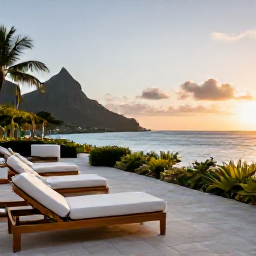 Caribbean Holidays, Luxury April Holidays, Elegant luxury hotel terrace overlooking a calm Caribbean bay in the Grenadines, stylish loungers, tropical gardens and sunset light