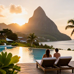 Caribbean Holidays, Luxury April Holidays, Elegant Saint Lucia resort terrace overlooking the Pitons at sunset, infinity pool, tropical gardens and a couple enjoying the view