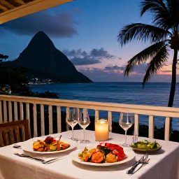 Caribbean Holidays, Luxury April Holidays, Fine dining on a Saint Lucia restaurant terrace overlooking the Caribbean Sea, candlelit table, fresh seafood and tropical evening sky
