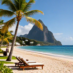 Caribbean Holidays, Luxury April Holidays, Luxury beachfront resort in Saint Lucia in April, bright Caribbean sunshine, palm trees, calm turquoise sea and elegant loungers