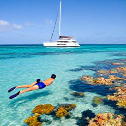 Caribbean Holidays, Luxury Aruba January, Couple snorkelling in clear Aruba waters near a colourful reef, with a luxury catamaran in the background