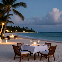 Caribbean Holidays, Luxury Backpacking, Elegant Caribbean beach resort at dusk with a relaxed dinner setting, glowing lights and calm sea