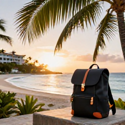 Caribbean Holidays, Luxury Backpacking, Luxury beachfront resort on a Caribbean island at sunrise, with a stylish backpack and tropical palms in the foreground