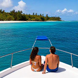 Caribbean Holidays, Luxury Backpacking, Small Caribbean boat travelling between green islands, with a couple exploring the deck and clear blue sea around them