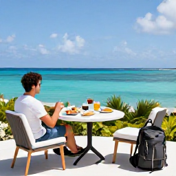Caribbean Holidays, Luxury Backpacking, Traveller enjoying a stylish boutique hotel terrace overlooking a turquoise Caribbean bay, with local breakfast and a backpack nearby