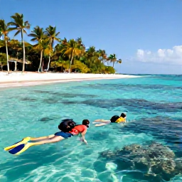 Caribbean Holidays, Luxury Backpacking, Travellers snorkelling in clear Caribbean water near a coral reef, with a colourful beach and palm trees in the background